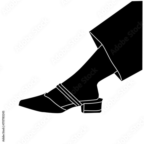 A stylish shoe with a low block heel and strap design, paired with formal trousers. Minimalist silhouette art showing elegance and simplicity in classic footwear fashion.