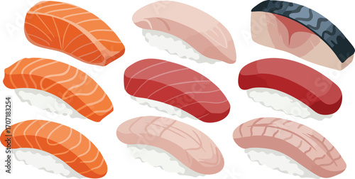 A vibrant illustration showcasing a variety of delicious sushi pieces, featuring fresh fish atop seasoned rice.
