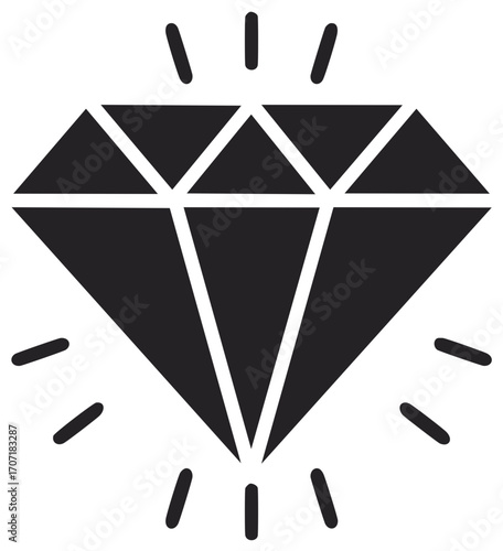 Minimalist Black Diamond Gemstone Icon with Sparkle Lines Representing Luxury and Value