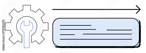Gear with wrench symbol alongside directional data flow arrow and text box. Ideal for technology, process improvement, engineering, productivity, technical support, workflow optimization