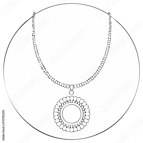 Elegant Outline of a Pearl Necklace with Circular Pendant