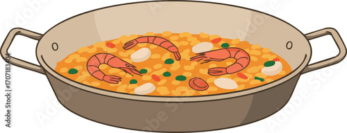A pan of paella with shrimp and seafood. (Created Using Generative AI Tools)