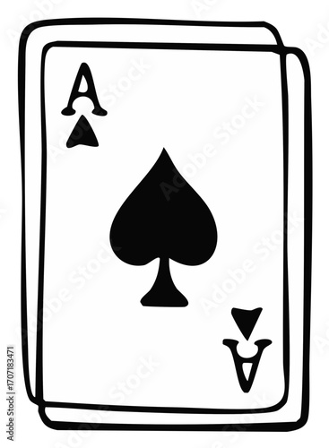 Ace of Spades playing card with a hand-drawn style, black and white illustration.