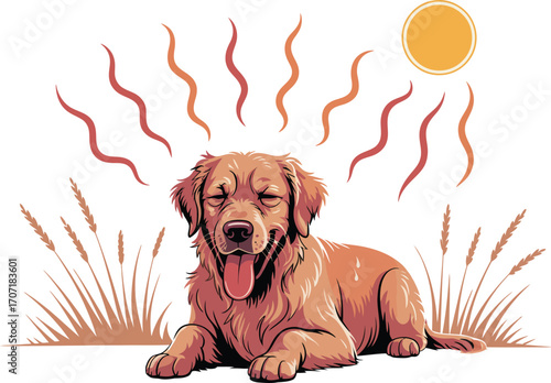 Happy golden retriever enjoying a warm sunny day outdoors with stylized heat waves.