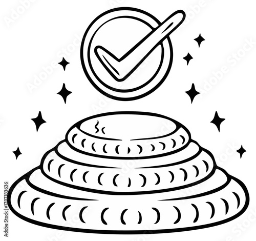 Line art checkmark floating above a sparkling tiered pedestal, symbolizing success, approval, achievement, and quality completion