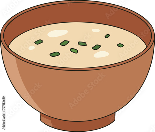 A cartoon illustration of a brown bowl filled with creamy soup, garnished with chopped green herbs.