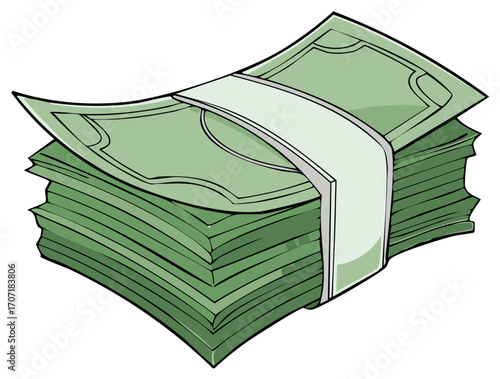 Cartoon Illustration of a Large Stack of Green Cash Bills Wrapped in a Band