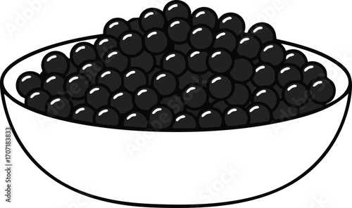 Bowl filled with black caviar, illustration, monochrome.