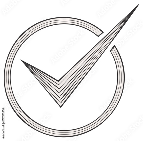 Illustration of a stylized check mark inside circle, symbol for approval, verification, or validation