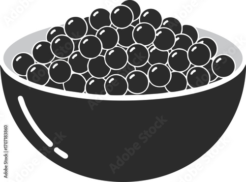 A bowl filled with many small, dark, round objects, possibly caviar or similar food.