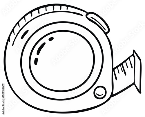 Hand drawn outline illustration of a tape measure with a metal tape extended for measuring