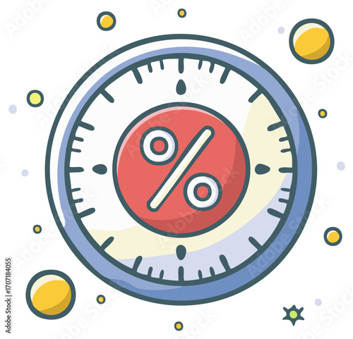 Abstract circular gauge with red center displaying percentage symbol surrounded by small circles