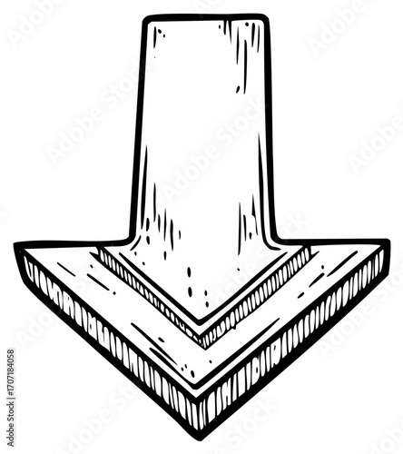 Hand drawn downward pointing arrow with thick outline and shading