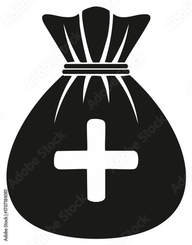 Money bag with a medical cross symbol in black and white