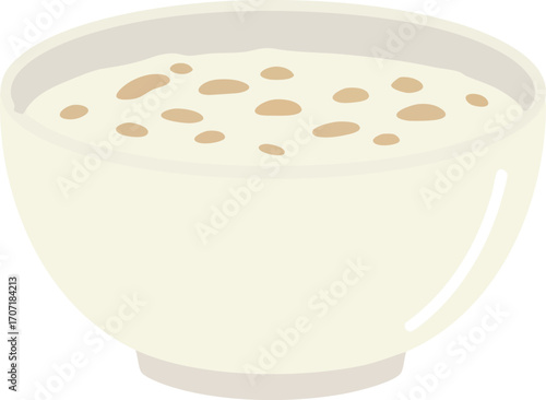A simple illustration of a white bowl of porridge or oatmeal with grains on top.