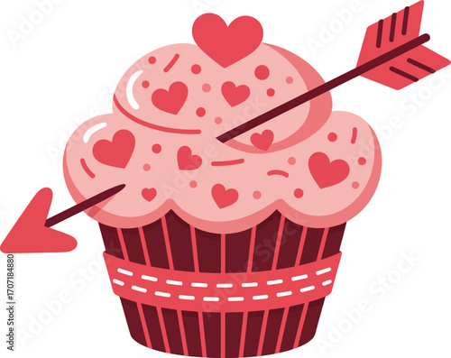 Sweet cupcake with pink frosting and heart sprinkles pierced by Cupid's arrow