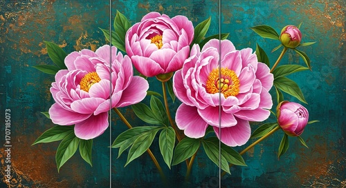 pink tulips on wooden background, Oil painting triptych features large pink peonies with gold leaf accents on canvas. Delicate floral art shows blossoms in various stages, green leaves, buds against d
