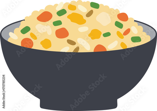 A close-up illustration of a bowl filled with delicious and colorful fried rice.