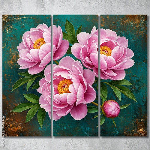 flowers on a wooden background, Oil painting triptych features large pink peonies with gold leaf accents on canvas. Delicate floral art shows blossoms in various stages, green leaves, buds against dar
