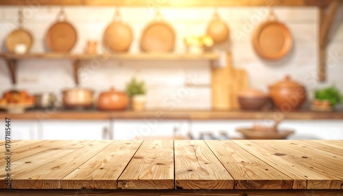 A realistic wooden table in sharp focus, providing an empty surface against a blurred rustic kitchen interior with warm, sunny lighting