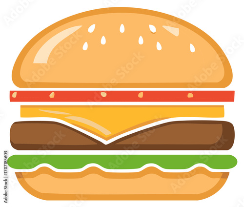 Stylized Hamburger With Sesame Seed Bun and Fresh Ingredients