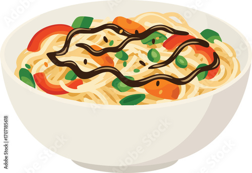 A bowl of noodles with vegetables and a dark sauce.