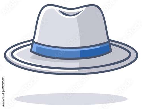 Stylish cartoon fedora hat icon with blue band, classic accessory, representing fashion and vintage style for men and women
