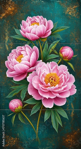 pink water lilies, Oil painting triptych features large pink peonies with gold leaf accents on canvas. Delicate floral art shows blossoms in various stages, green leaves, buds against dark, textured b