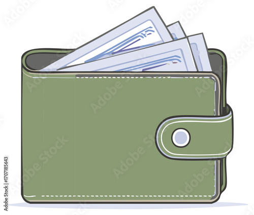 Green leather wallet with paper money sticking out and a button closure