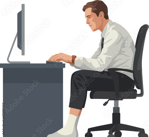 Man with poor posture working at a computer, illustrating bad ergonomics and strain.