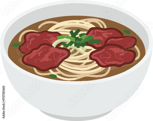 A vector illustration of a white bowl of Asian beef noodle soup with a green onion garnish.