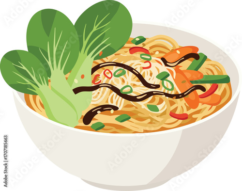 A delicious bowl of ramen noodles with bok choy, shrimp, and a drizzle of dark sauce, garnished with green onions and chili flakes.