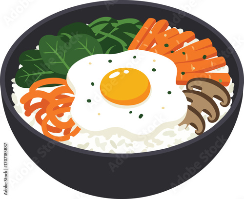 Bibimbap bowl with rice, vegetables, egg, and mushrooms.