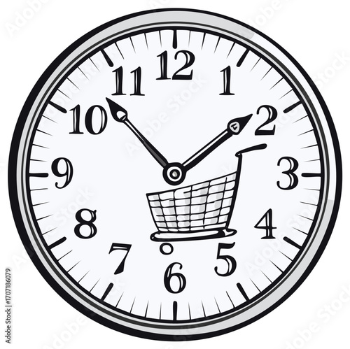 Shopping cart on a clock symbolizing the importance of time for commerce and retail purchases