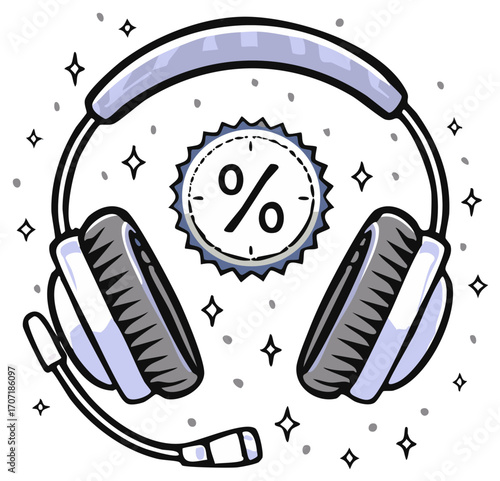 Hand drawn headset with microphone and a discount sale badge with a percent sign
