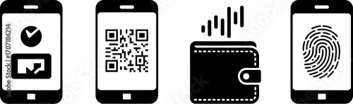 Digital payment methods illustrated with smartphone icons for QR codes, NFC, and biometrics.