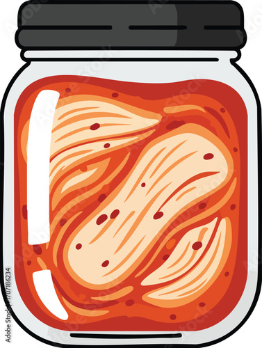A cartoon illustration of a clear glass jar filled with vibrant red kimchi, featuring napa cabbage leaves and a dark lid.