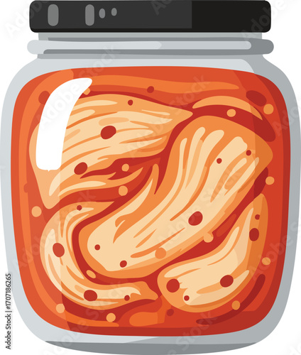 A jar of kimchi, a traditional Korean fermented side dish, with a black lid.