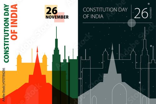 India Consitution Day poster pack. Vector illustrations with Mumbai city skyline and landmarks shape for holiday card, print, event, brochure. Modern template