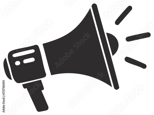 Black and white megaphone icon with radiating lines, representing announcement or sound