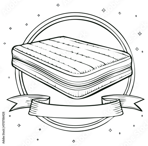 Mattress Icon in Circle Frame with Banner, Orthopedic Bedding Outline Illustration, Sleep Quality Concept