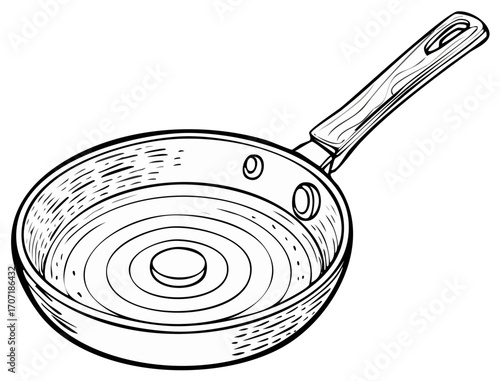 Outline illustration of skillet with wooden handle and non-stick surface for food preparation, frying, cooking, baking, and kitchenware.