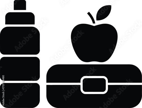 Healthy lunchbox with apple and water bottle, ready for a nutritious meal.