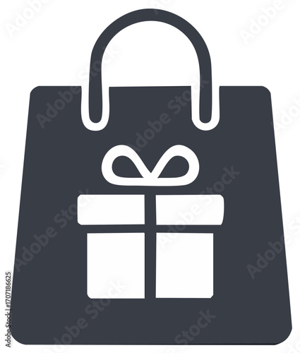 Shopping bag icon with gift box and bow symbol. Perfect for retail, sales, purchases, and special offers.