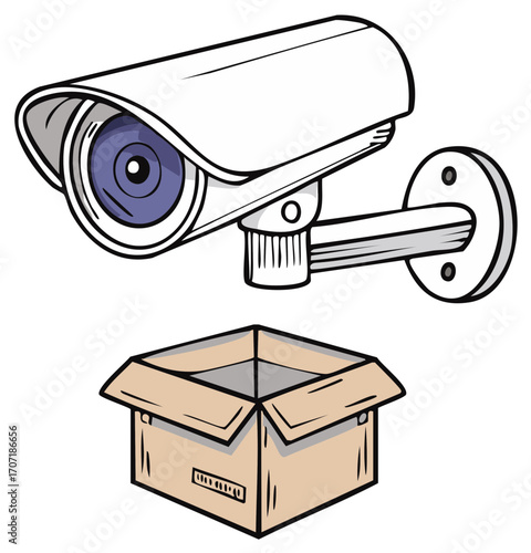 Security Camera Overseeing Cardboard Box Surveillance Illustration