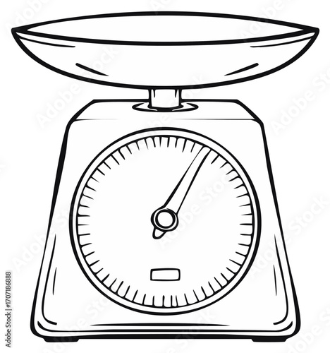 Doodle art of weighing scale with gauge and bowl, drawn with contour lines