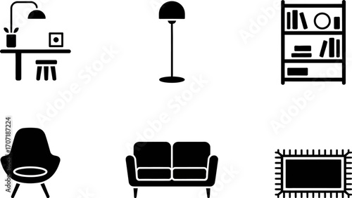 Collection of modern minimalist furniture and home decor icons for interior design.