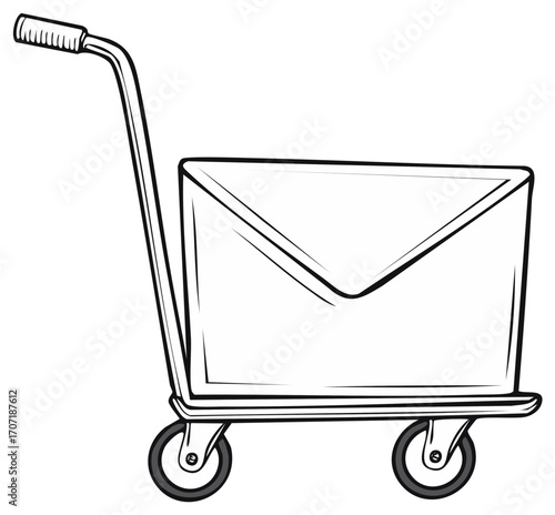 Line Art Illustration of a Large Mail Envelope on a Two Wheel Hand Truck or Dolly Delivery Service