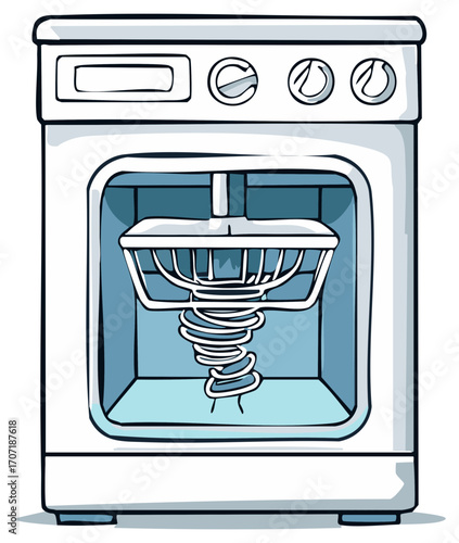 Cartoon Dishwasher with Empty Rack and Heater Coil For Washing Dishes