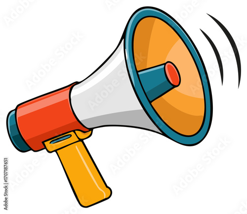 Loud cartoon megaphone with a handle emits sound waves, communicating an important announcement